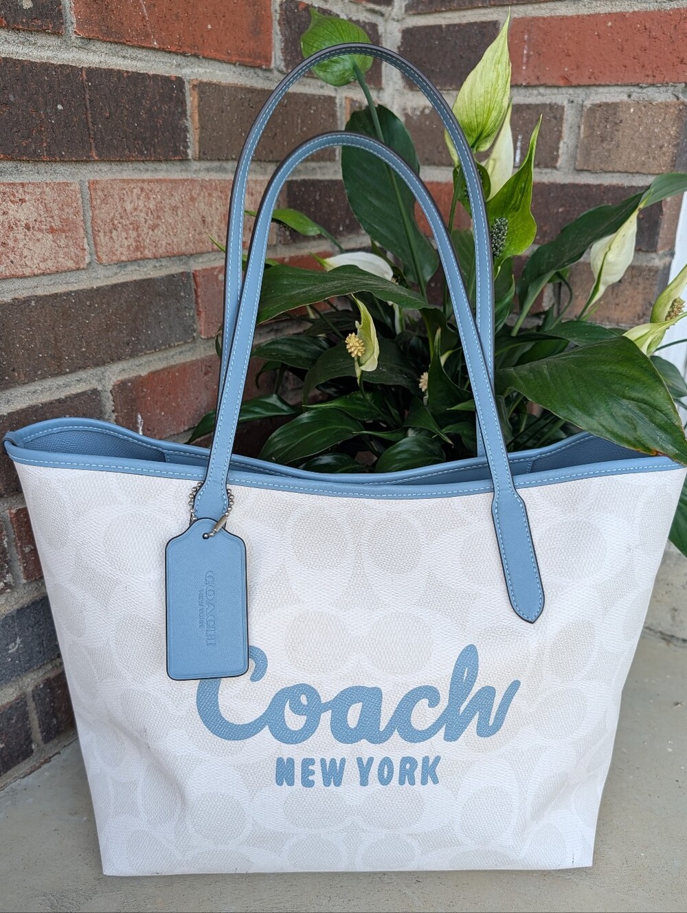💙GUC Coach CY705 City Signature Monogram Logo Shoulder Tote Bag, Sand/Blue